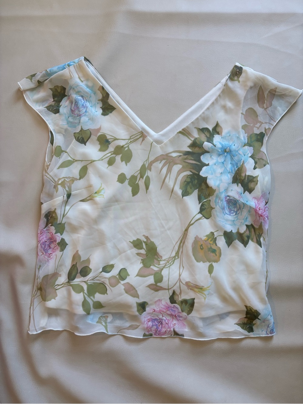 Beautiful Studio I Floral V-Neck Camisole with Blue & Pink Blooms and beaded